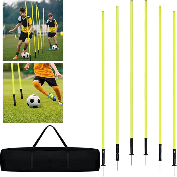 XMTECH Conjunto de 6 barras de slalom de 1,8 m com ponta de metal de 10 cm de comprimento e bolsa de transporte, barras de agilidade para treino de futebol