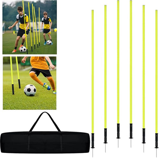 XMTECH Conjunto de 6 barras de slalom de 1,8 m com ponta de metal de 10 cm de comprimento e bolsa de transporte, barras de agilidade para treino de futebol