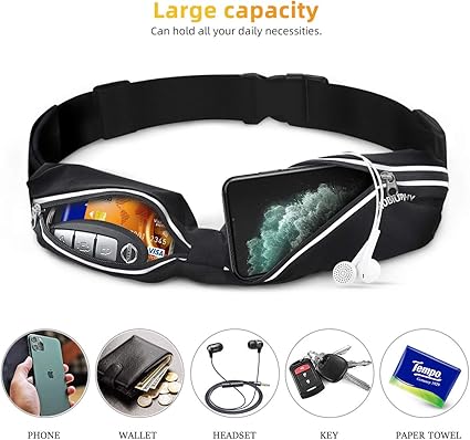 Bolsa de cintura Running Homem e Mulher Bolsa desportiva cinto telemóvel Running Belt refletor cinto de correr mala cintura para telemóvel Phone para fitness desportos bicicleta viajar ginásio, Preto,