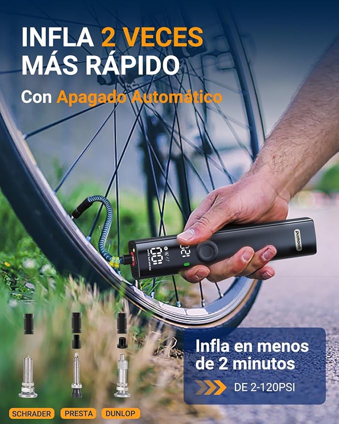 Woowind BP188 Bomba de ar bicicleta insuflador elétrico compressor ar portátil, compressor de ar carro desligado automático com válvula presta e Schrader, 120 PSI ~ 150 PSI e recarregável