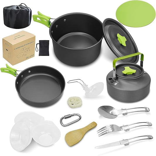 Utensílios cozinha camping, 14 peças Camping kit de portátil e leve, aço inoxidável, panelas e frigideiras para campismo, excursão, escalada, caminhadas