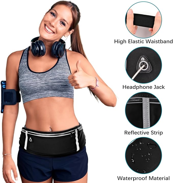 WuGU Cinto para corrida, bolsa de cintura desportiva impermeável ajustável com tiras refletoras, cinto de corrida com orifício auriculares, cinto de fitness para desporto, viagens, ar livre, unissexo,