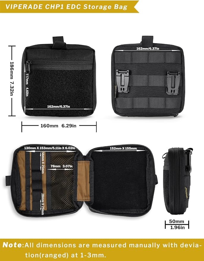 VIPERADE CHP1 Molle mochila bolsa adicional, pequena bolsa de ferramentas, bolsa de cinto compacta com área de atch, organizador de bolsa Molle para ferramentas EDC/armazenamento digital, Preto,