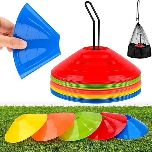 WuGU 25 unidades cones de futebol, cones de marcadores, cones desportivos com bolsa de armazenamento e suporte de metal, cone de treino redondo para futebol, rugby, hóquei no gelo, 5 cores