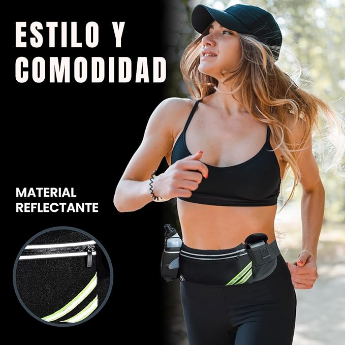 Bolsa de cintura Running e garrafa de água desportiva. Cinto de corrida com garrafeira e bolsos para telemóvel e acessórios. Ideal para corrida, caminhadas, trekking, ciclismo e ginásio., Preto