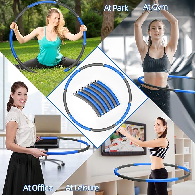 Wanap Aro de exercício com peso 1,2 kg, aro de exercício de 8 secções para adultos com perda de peso de 95 cm, aros com peso de aço inoxidável com mini fita métrica (azul cinzento)