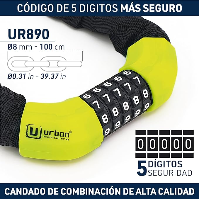 URBAN UR890 Cadeado de bicicleta anti-roubo, corrente dissuasiva com código 5 dígitos mais seguro, elos de aço ø8 mm mais grossos e resistentes com capa de nylon para bicicleta Scooter skate bicicleta