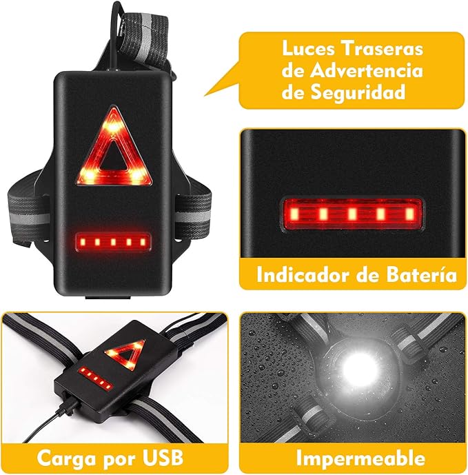 Volcano Eye Luz de corrida corrida corrida candeeiro de peito com feixe ajustável de 500 lúmenes frontal LED de segurança traseira recarregável USB impermeável para ciclismo corrida caça campismo