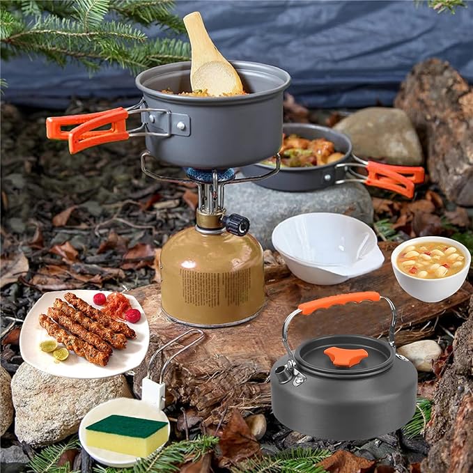 Utensílios cozinha Camping Kit, 10 artigos frigideira para acampar, com bolsa com cordão, para exteriores, campismo, piquenique (2 a 3 pessoas)