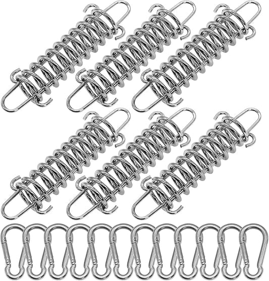 ZHIYUQL 6 unidades molas de tensão, fivelas de mola em aço inoxidável com 12 mosquetões, molas de tensão de alta resistência para toldo de tenda de campismo