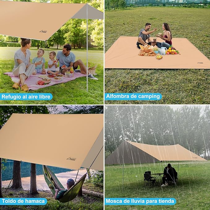 WADEO Lona para tenda de campanha, 3 x 4 m, lona impermeável e ultraleve com postes de apoio pinos + cordas, para campismo, caminhadas e piqueniques