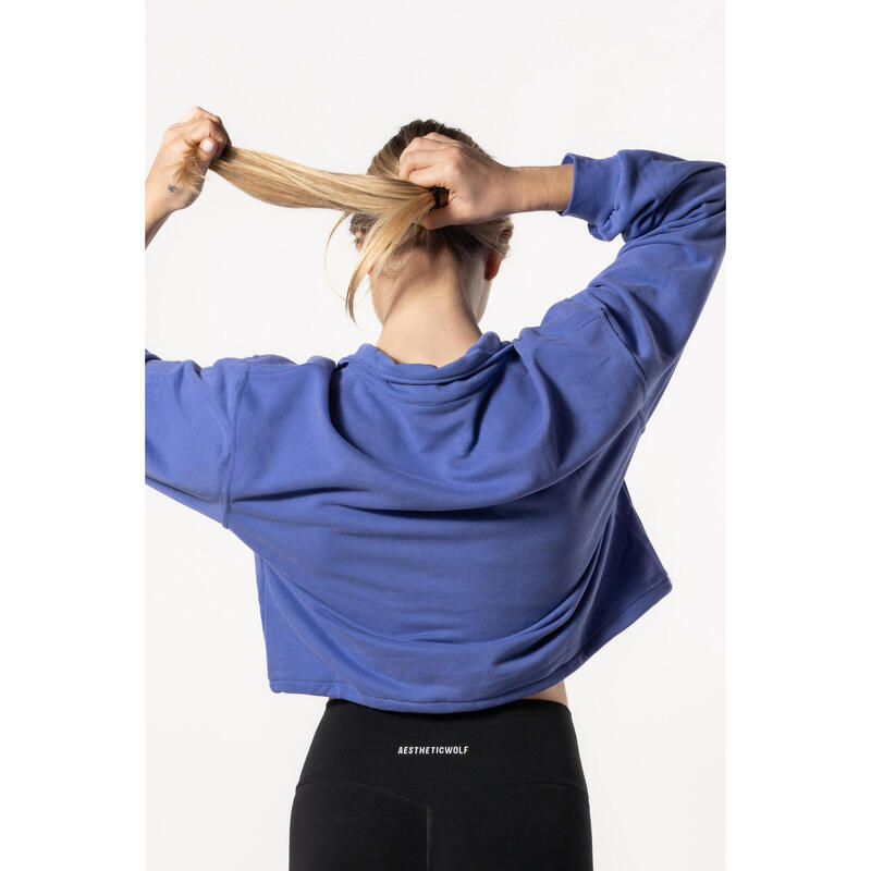 Crop Sweatshirt Meio Zip com Queda de Ombro - Fitness - Azul Real