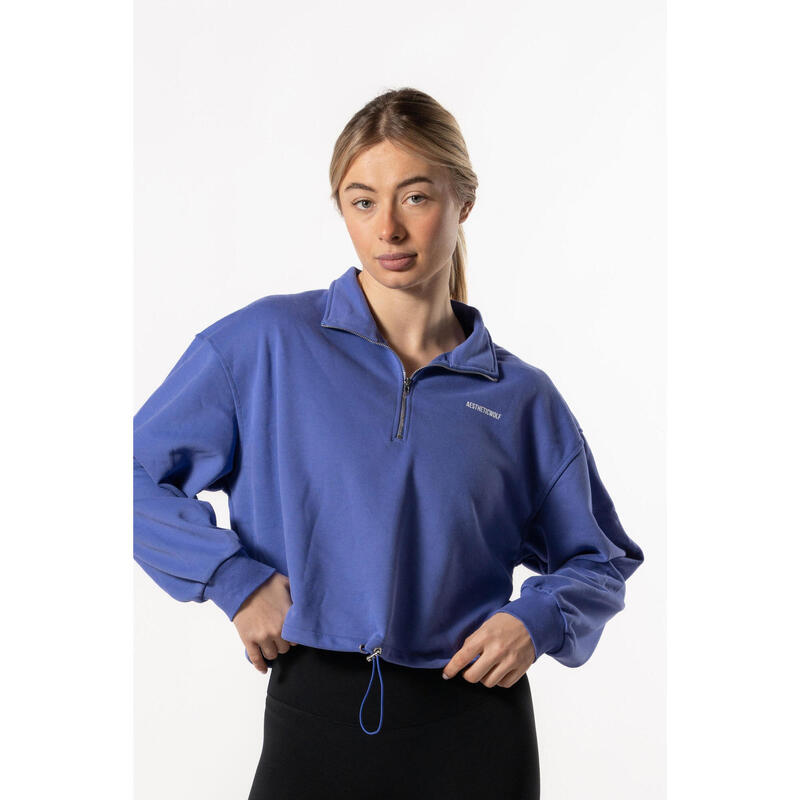 Crop Sweatshirt Meio Zip com Queda de Ombro - Fitness - Azul Real