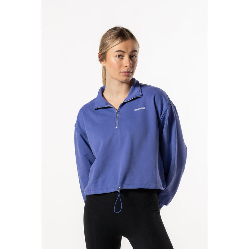 Crop Sweatshirt Meio Zip com Queda de Ombro - Fitness - Azul Real