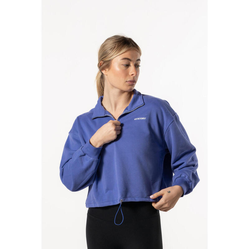 Crop Sweatshirt Meio Zip com Queda de Ombro - Fitness - Azul Real