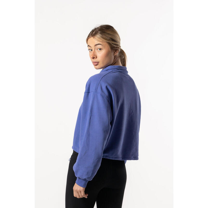 Crop Sweatshirt Meio Zip com Queda de Ombro - Fitness - Azul Real