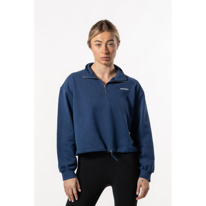 Crop Sweatshirt Meio Zip com Queda de Ombro - Fitness - Azul Real