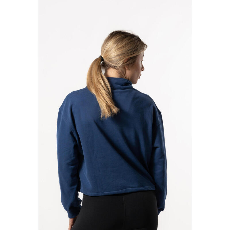 Crop Sweatshirt Meio Zip com Queda de Ombro - Fitness - Azul Real