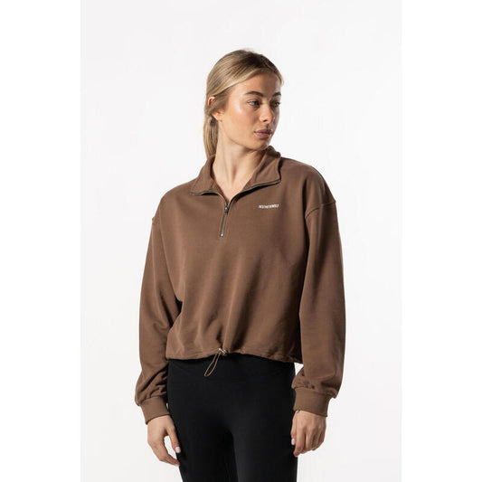 Crop Sweatshirt Meio Zip com Queda de Ombro - Fitness - Castanho