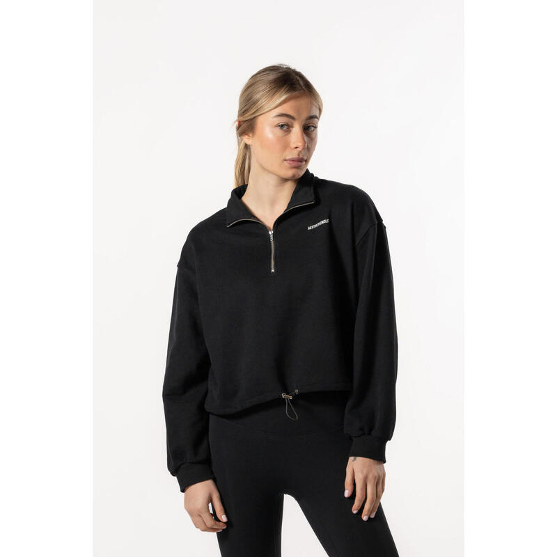 Crop Sweatshirt Meio Zip com Queda de Ombro - Fitness - Azul Real