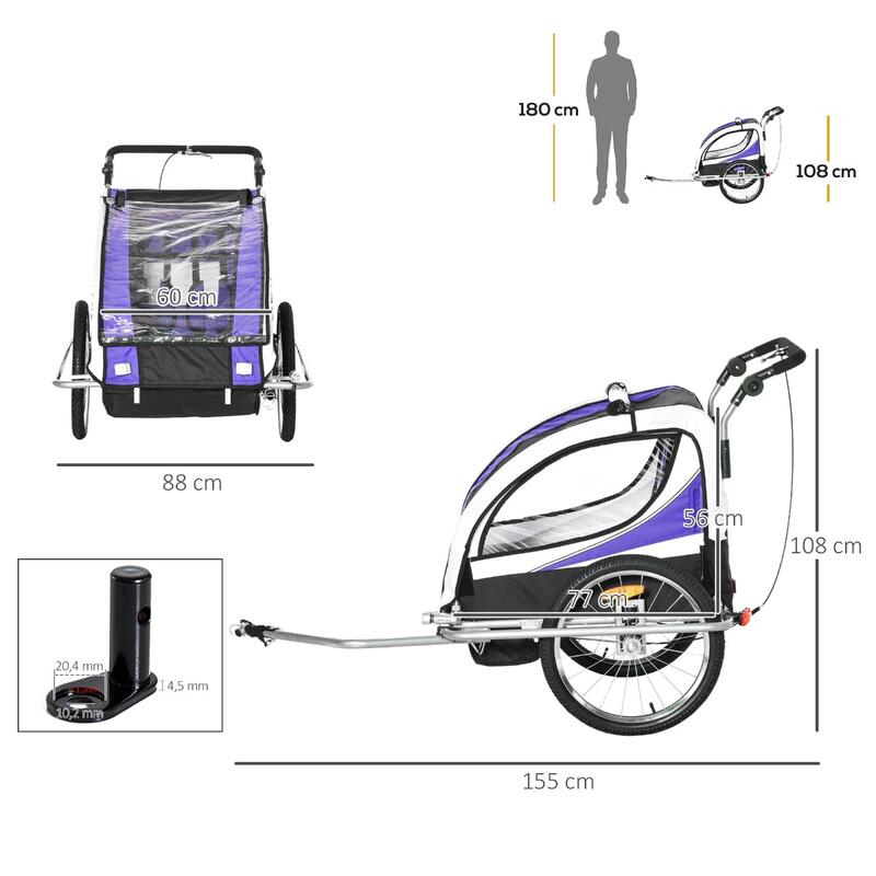 Reboque de Bicicleta Criança 125x88x107cm Roxo HOMCOM