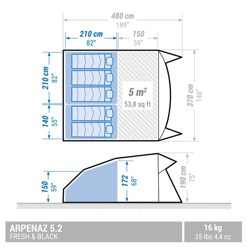 Tenda de campismo com varetas ARPENAZ 5.2 F&B - 5 pessoas - 2 quartos