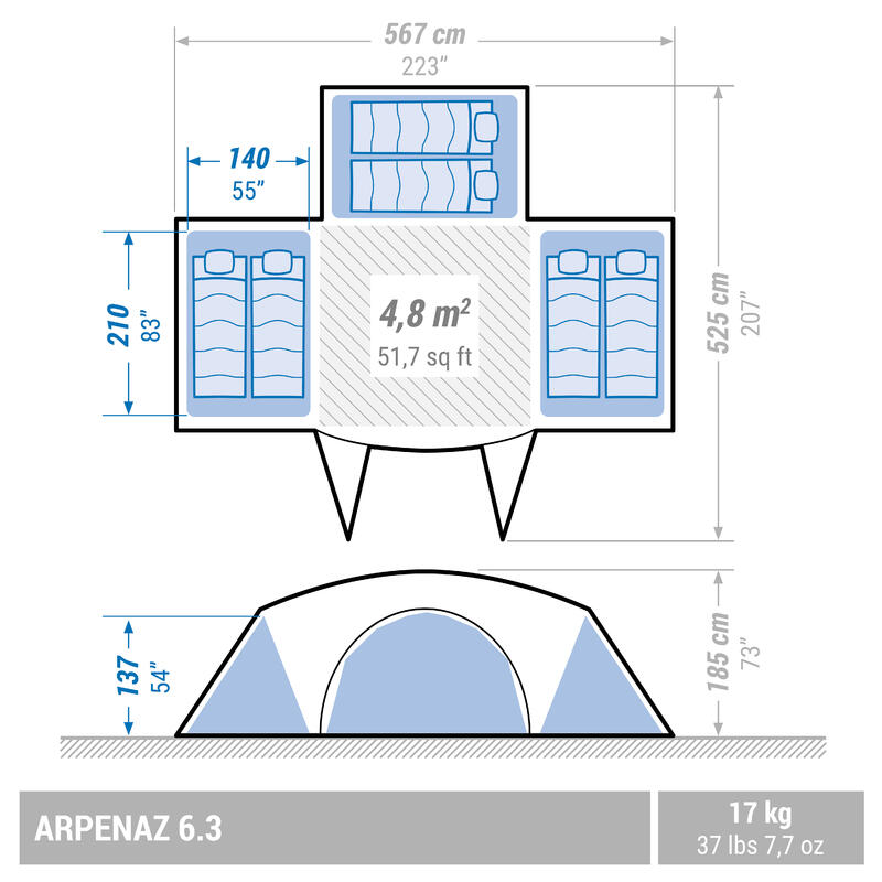 Tenda de campismo com varetas ARPENAZ 6.3 - 6 pessoas - 3 quartos