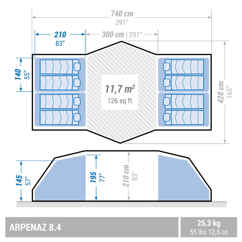 Tenda de campismo com varetas ARPENAZ 8.4 - 8 pessoas - 4 quartos